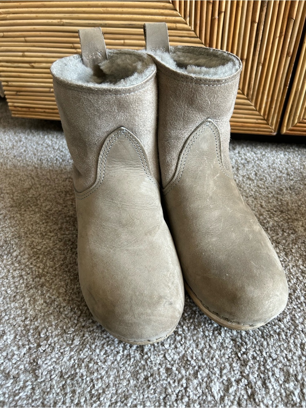 Pull On Shearling Clog Boot on High Heel in Bone Suede - GREY